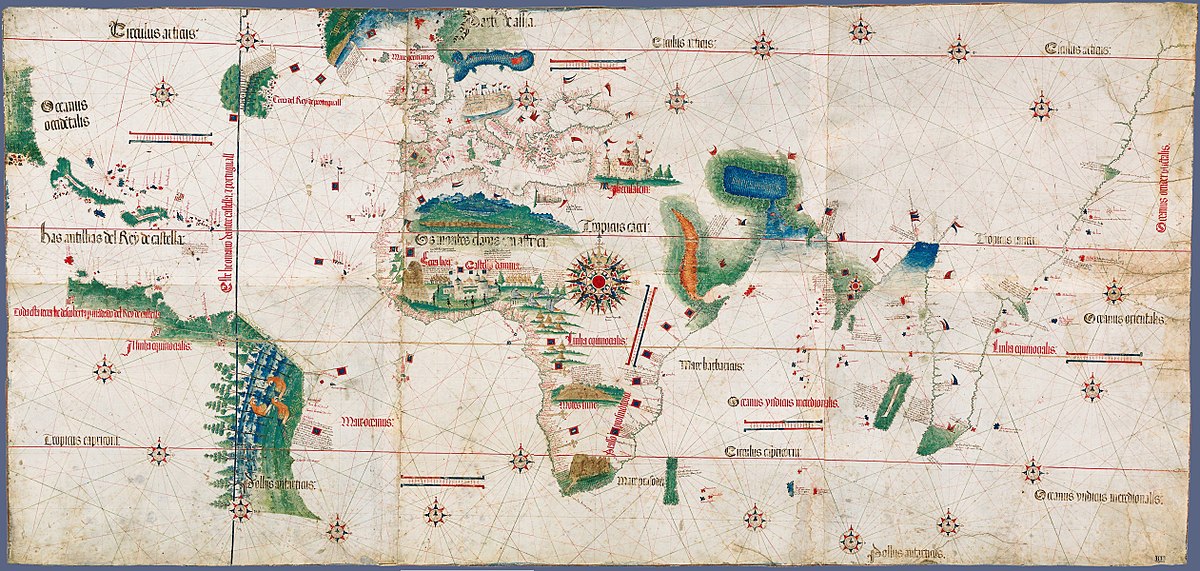 The Cantino planisphere, made by an anonymous cartographer in 1502, shows the world as it was understood by Europeans after their great explorations at the end of the fifteenth century.