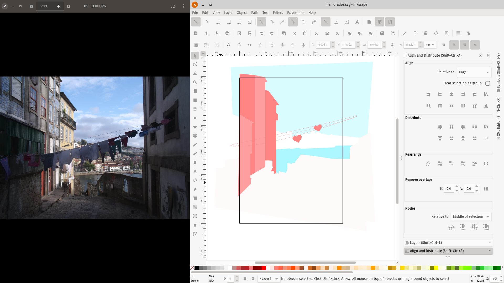 Screenshot: On the left a photograph taken by us in Porto; On the right, the February illustration inspired by the photo and done in Inkscape