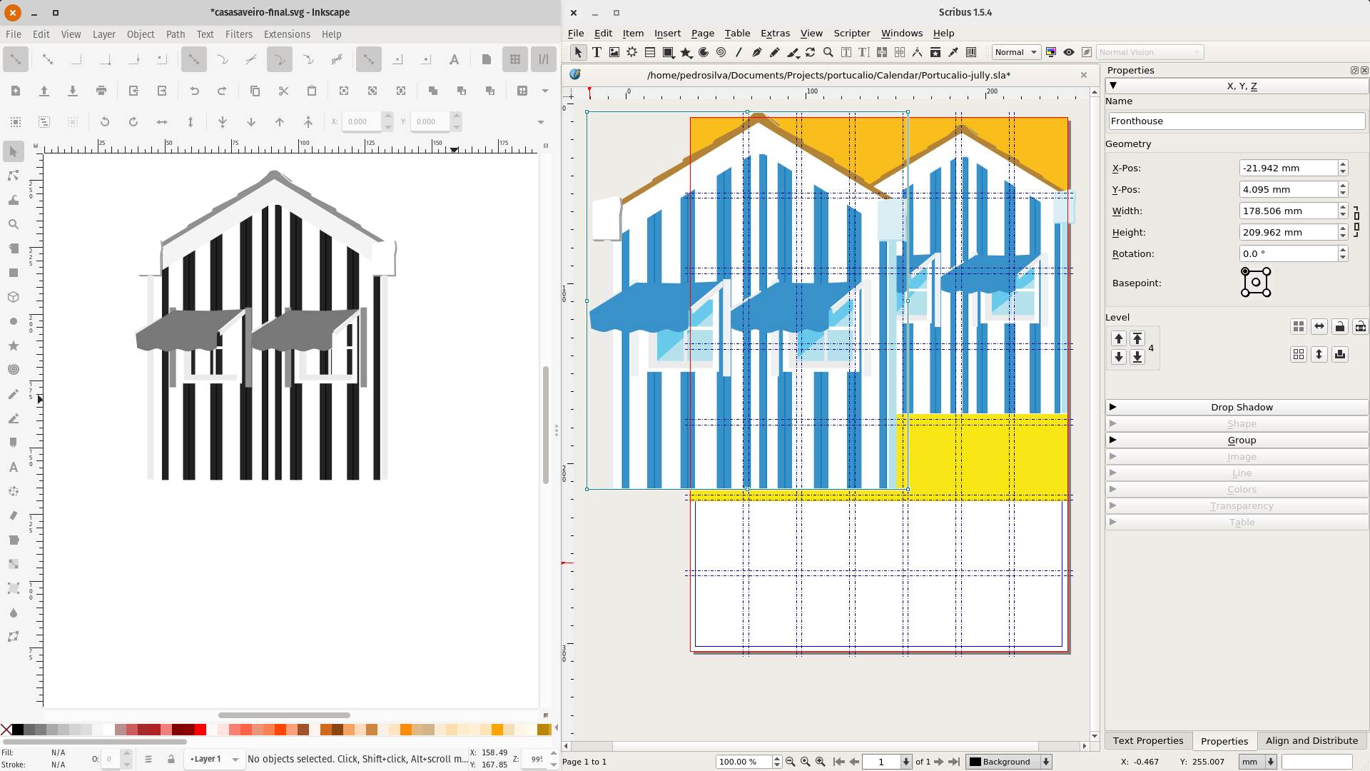 Screenshot: On the left a house from Aveiro region done with Inkscape; On the right a page from the calendar in Scribus, it's possible to see the design grid and the same house but now in color and with a work in progress composition